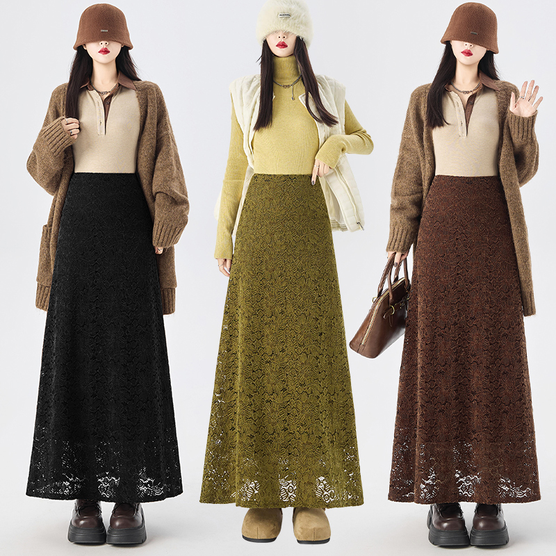 Flocking lace long slim plus velvet skirt