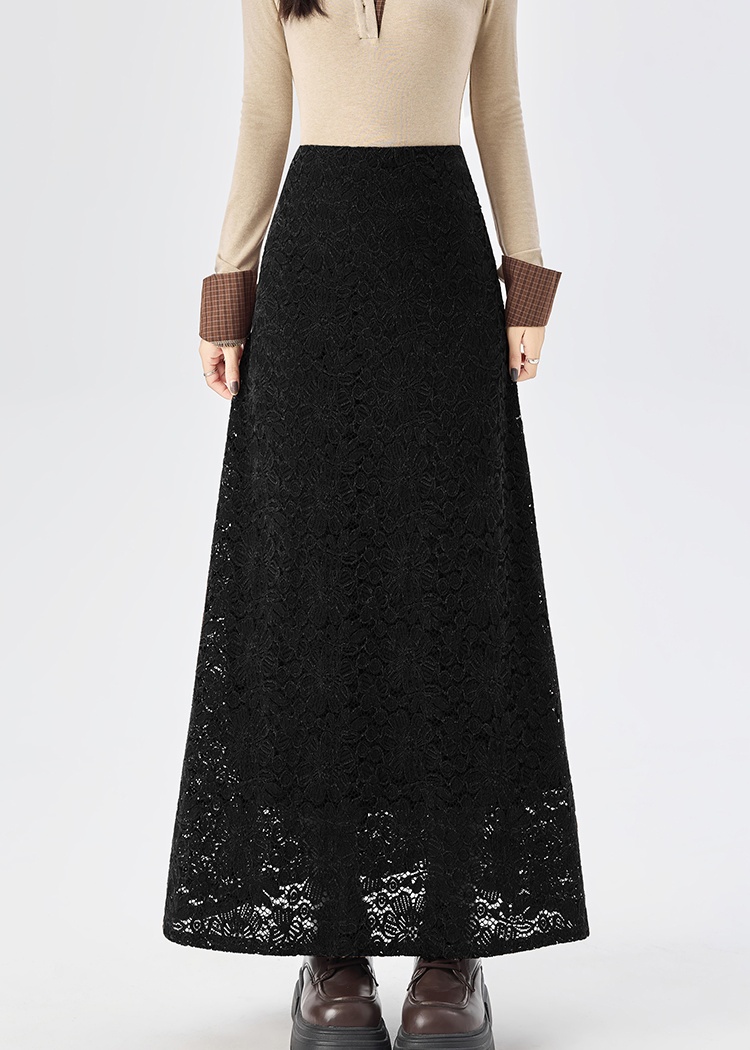 Flocking lace long slim plus velvet skirt
