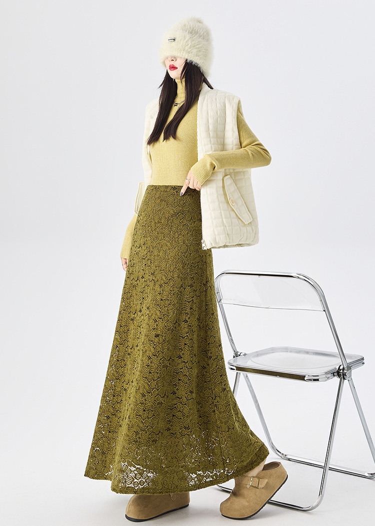 Flocking lace long slim plus velvet skirt