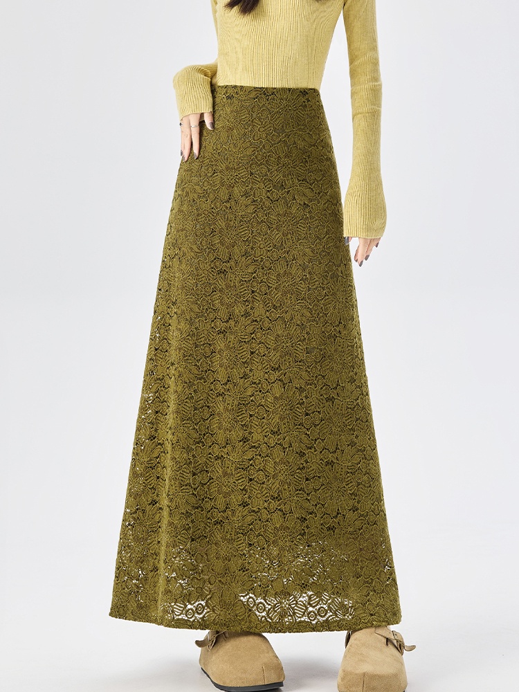 Flocking lace long slim plus velvet skirt