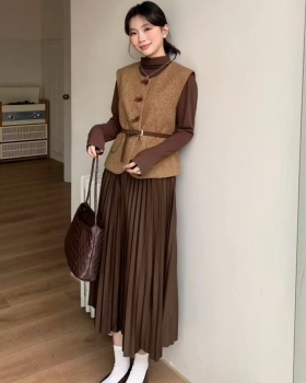 With belt long dress France style vest 2pcs set