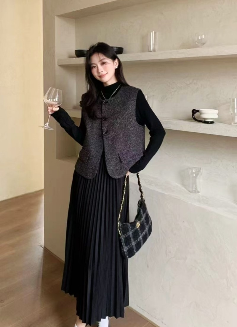 With belt long dress France style vest 2pcs set