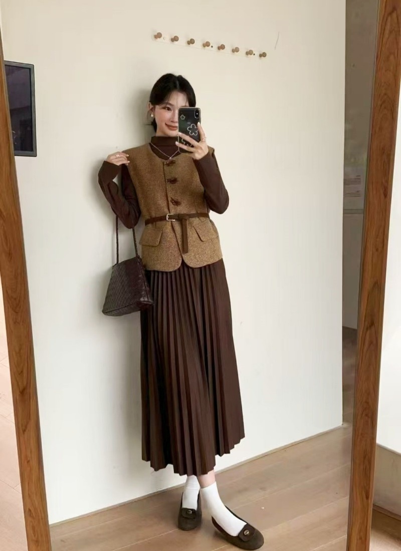 With belt long dress France style vest 2pcs set