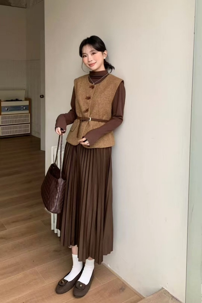 With belt long dress France style vest 2pcs set