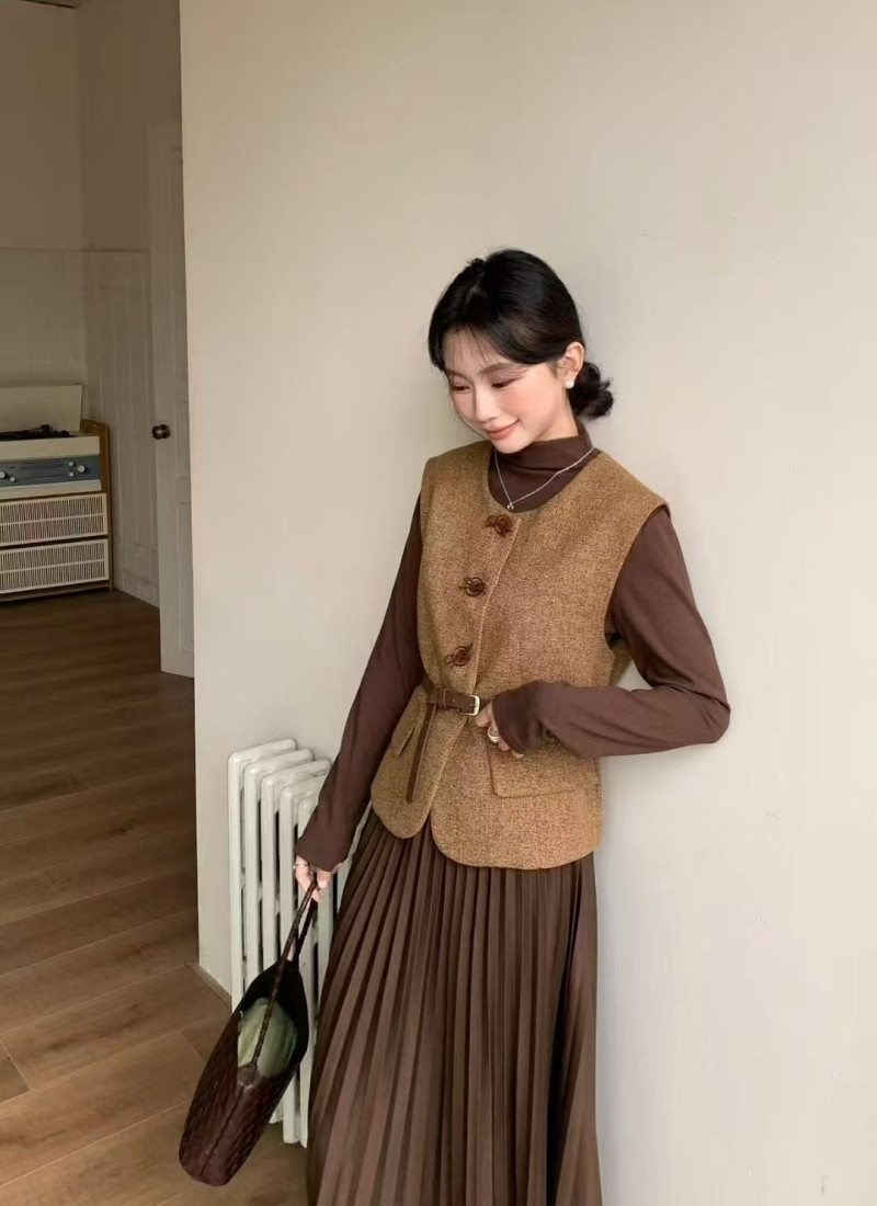 With belt long dress France style vest 2pcs set