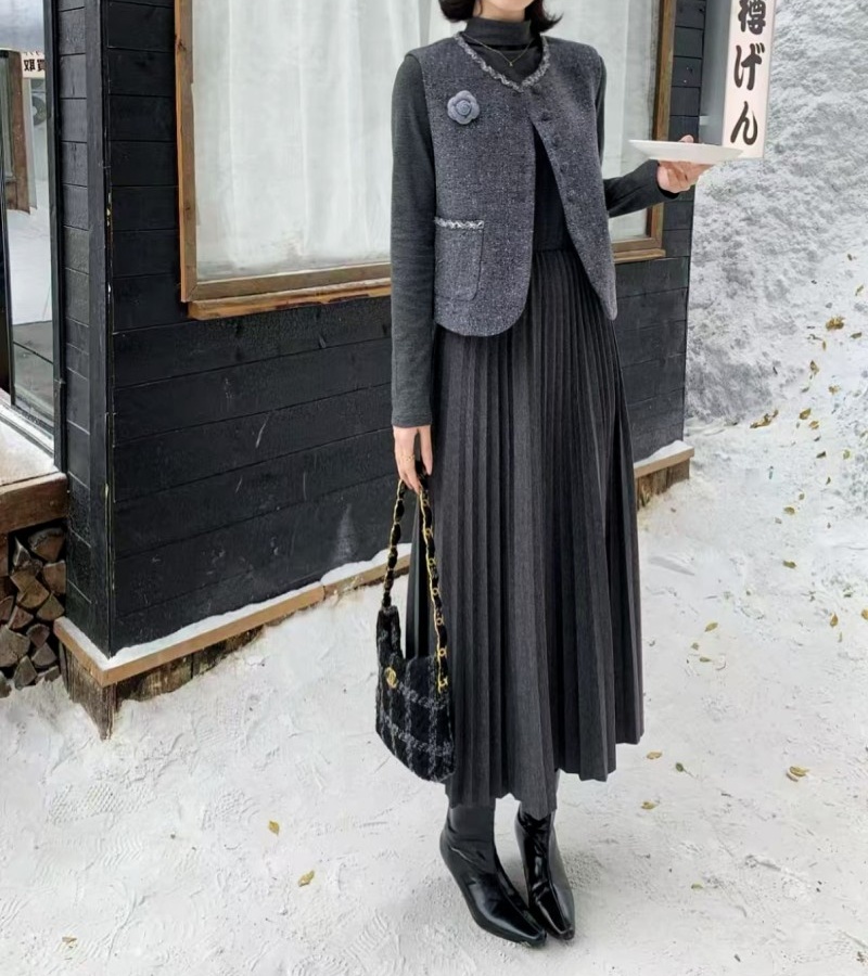 France style long dress Korean style vest 2pcs set