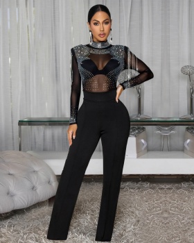 Sexy European style rhinestone long sleeve jumpsuit