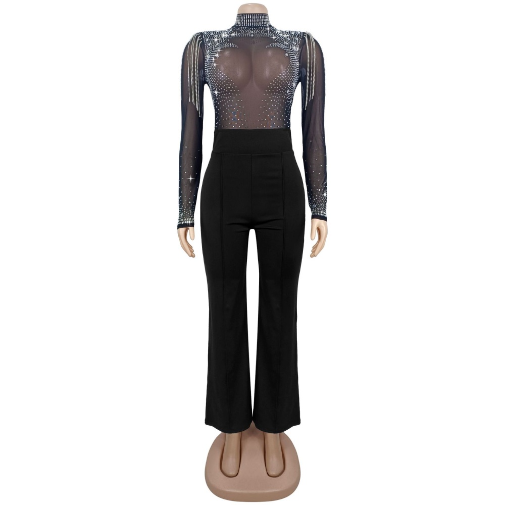 Sexy European style rhinestone long sleeve jumpsuit