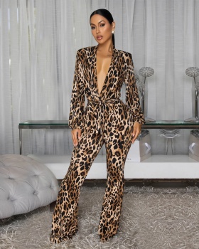 Fashion V-neck cozy European style leopard sexy jumpsuit
