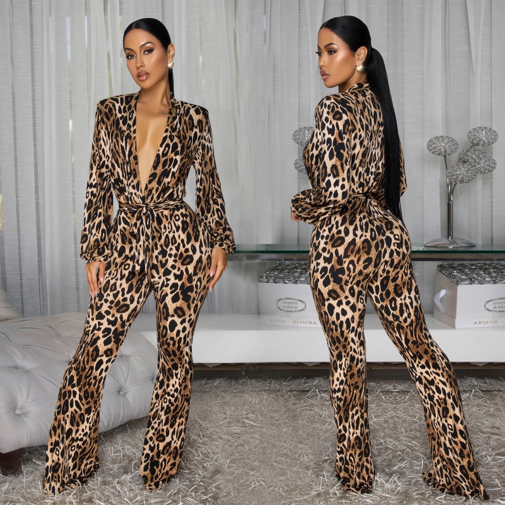 Fashion V-neck cozy European style leopard sexy jumpsuit
