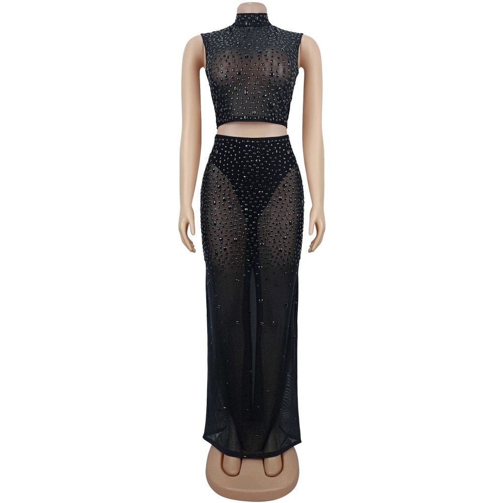 Fashion rhinestone long skirt 2pcs set for women