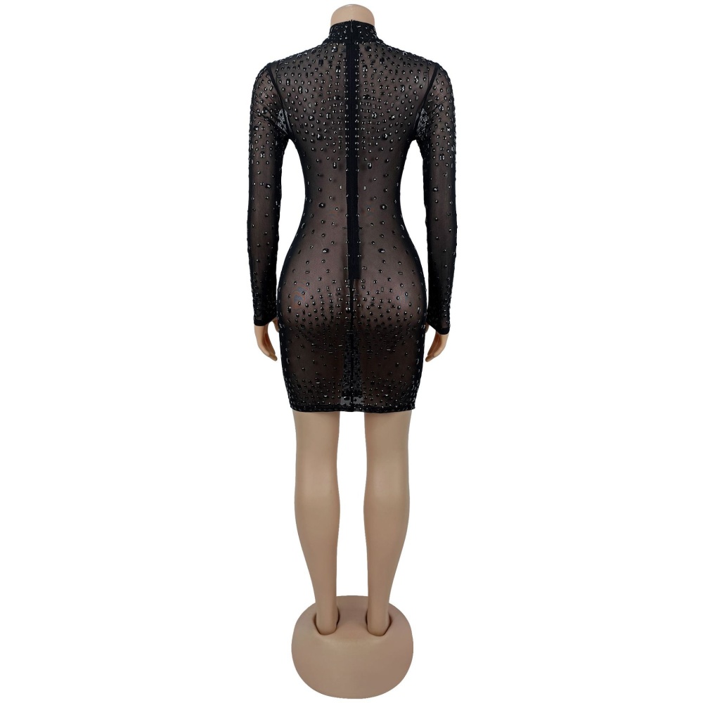 European style rhinestone dress perspective gauze T-back