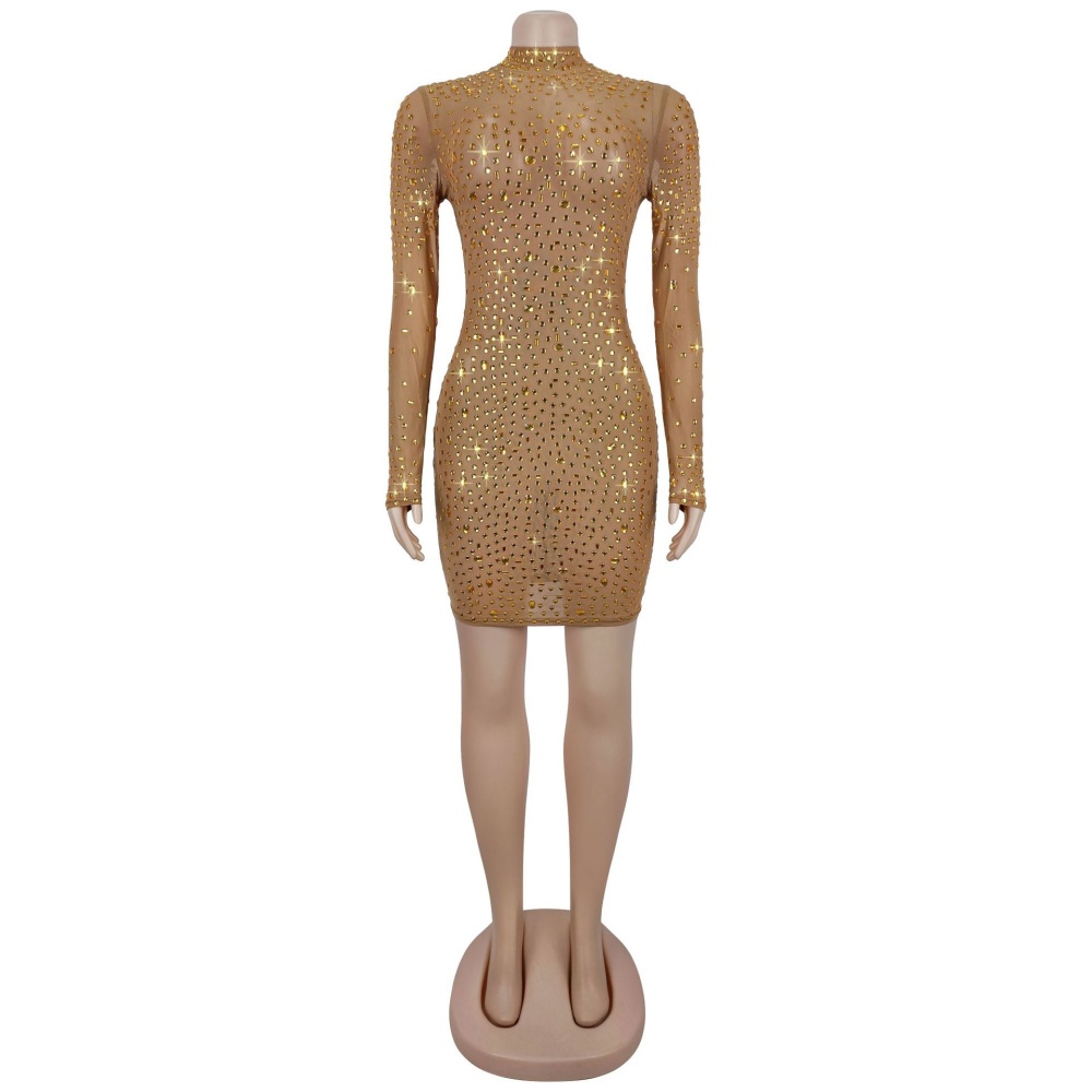 European style rhinestone dress perspective gauze T-back
