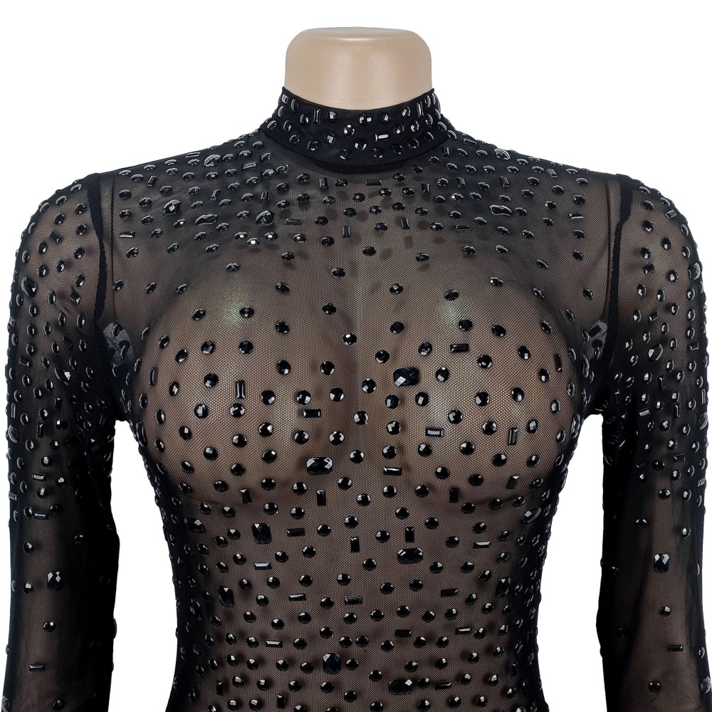 European style rhinestone dress perspective gauze T-back