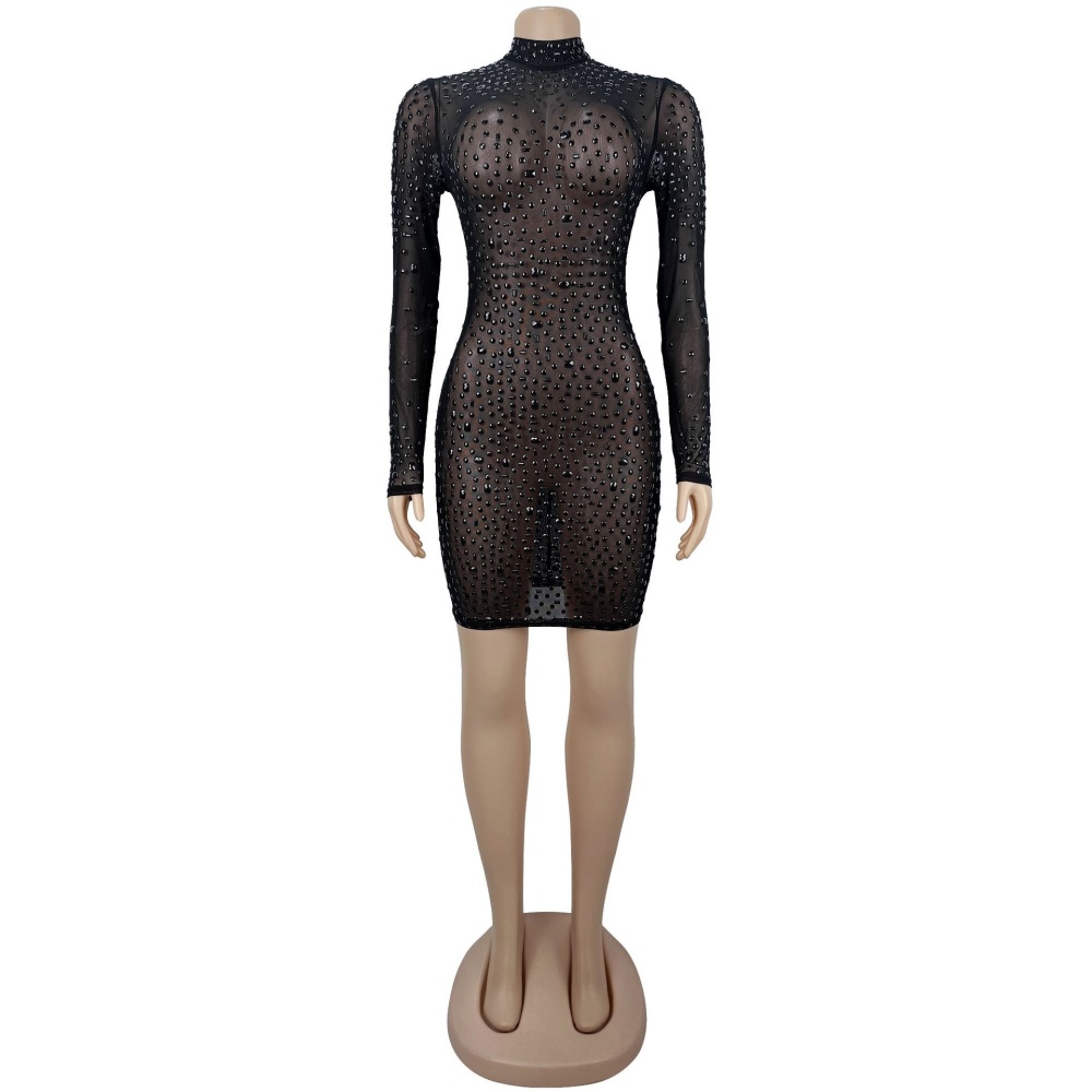 European style rhinestone dress perspective gauze T-back