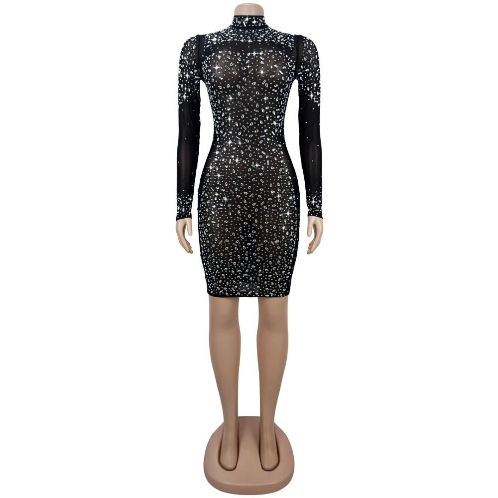 Sexy gauze long sleeve rhinestone dress for women