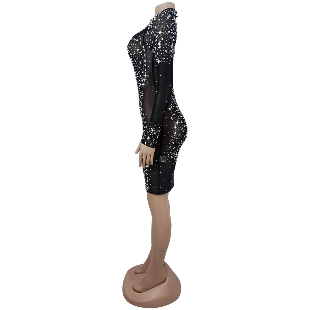 Sexy gauze long sleeve rhinestone dress for women