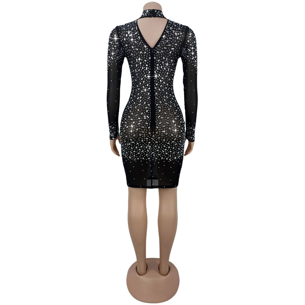 Sexy gauze long sleeve rhinestone dress for women