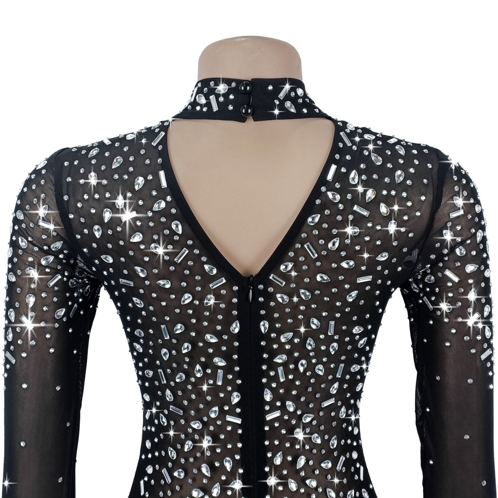 Sexy gauze long sleeve rhinestone dress for women