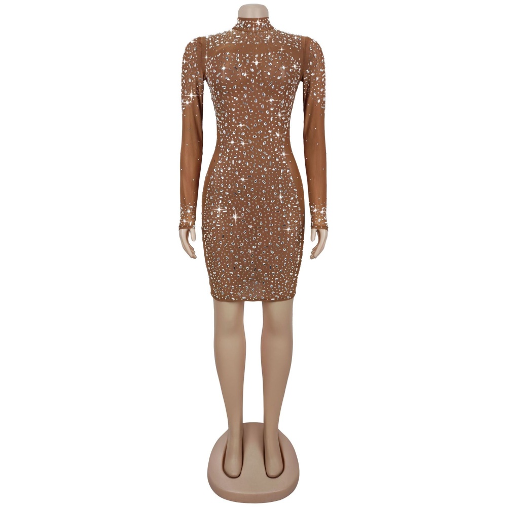 Sexy gauze long sleeve rhinestone dress for women