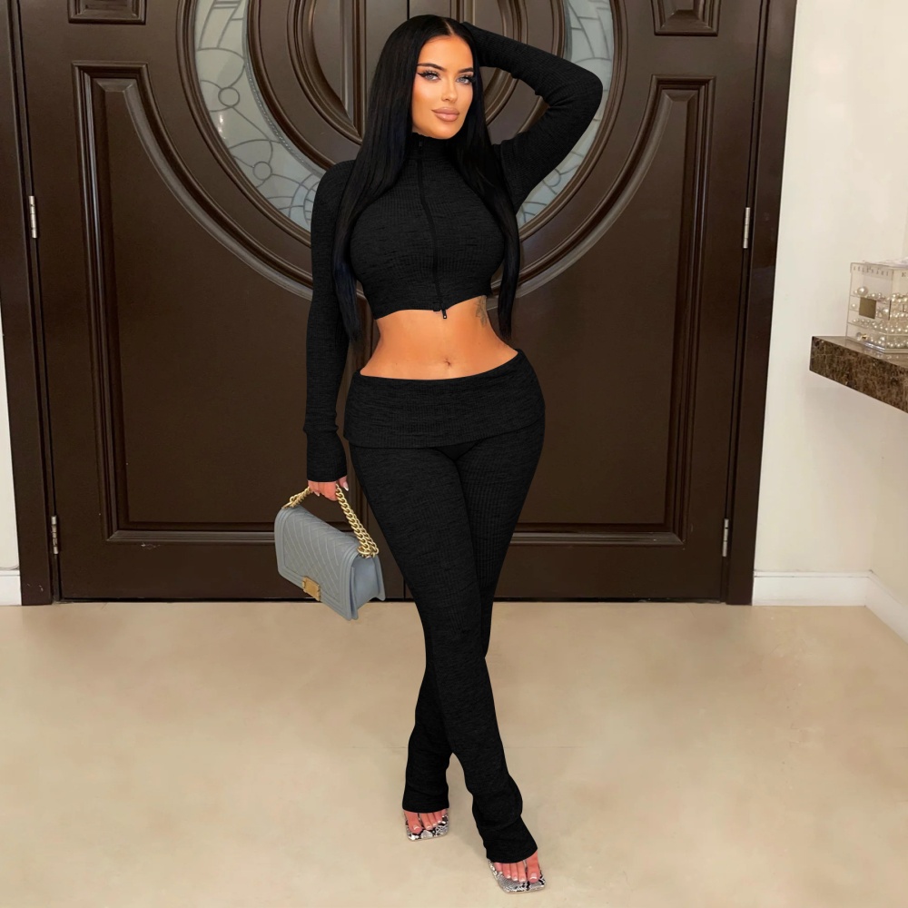 Pure sexy knitted European style low-waist pants 2pcs set for women