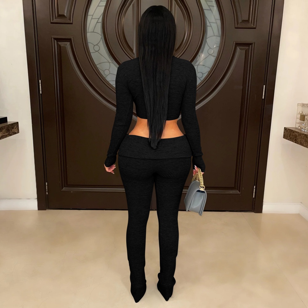 Pure sexy knitted European style low-waist pants 2pcs set for women