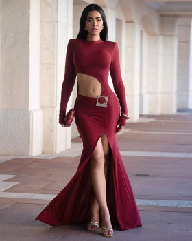 Navel sexy formal dress autumn round neck dress for women