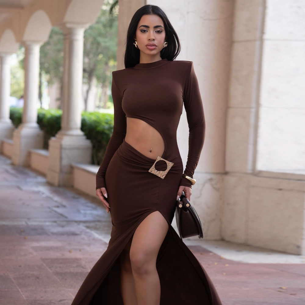 Navel sexy formal dress autumn round neck dress for women
