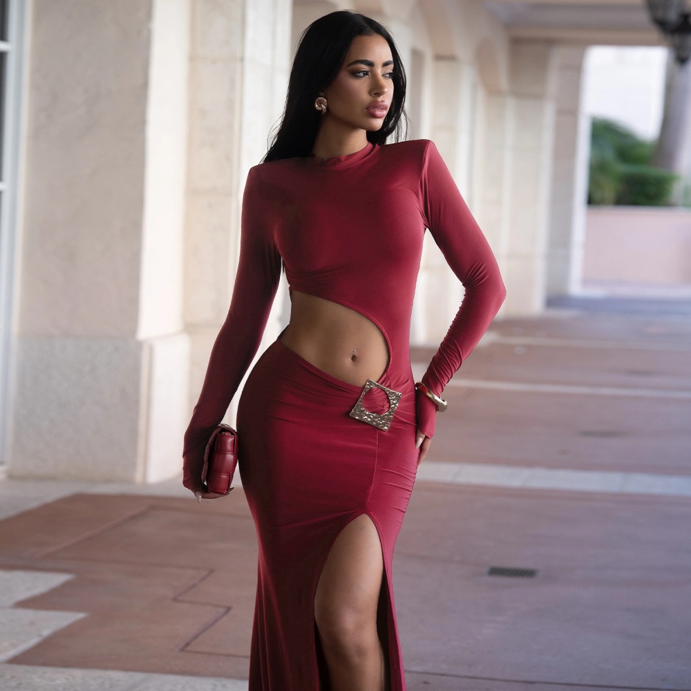 Navel sexy formal dress autumn round neck dress for women