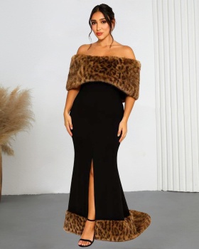 Fashion European style formal dress fur collar flat shoulder dress