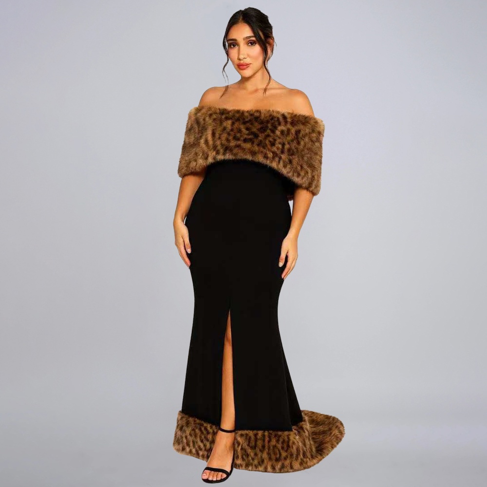 Fashion European style formal dress fur collar flat shoulder dress