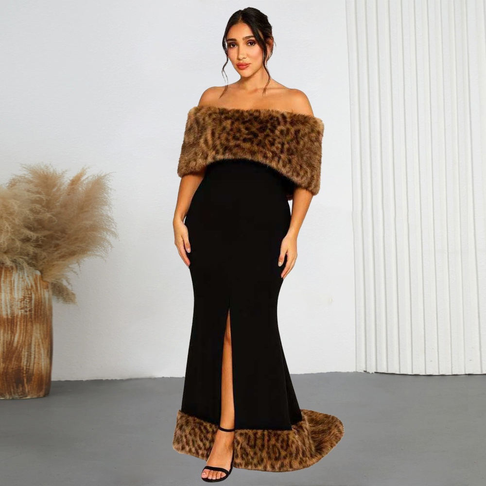Fashion European style formal dress fur collar flat shoulder dress