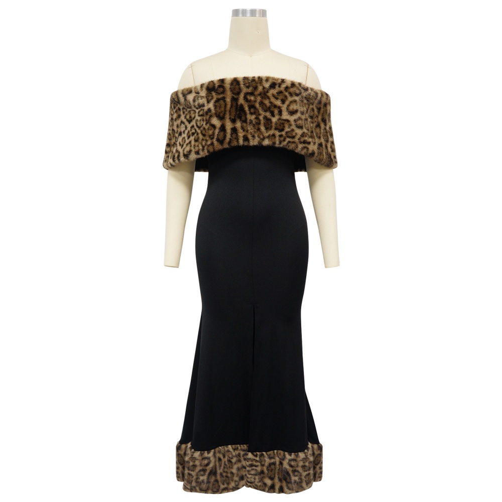 Fashion European style formal dress fur collar flat shoulder dress