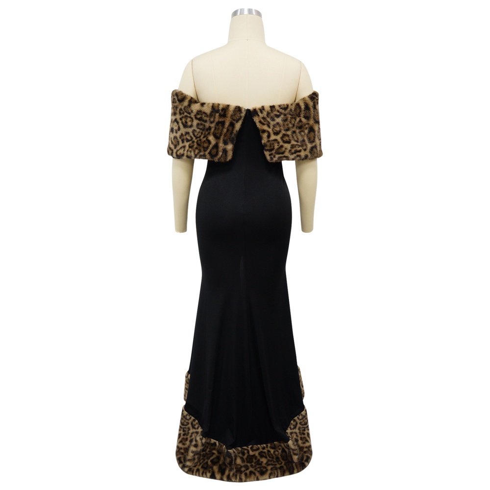 Fashion European style formal dress fur collar flat shoulder dress