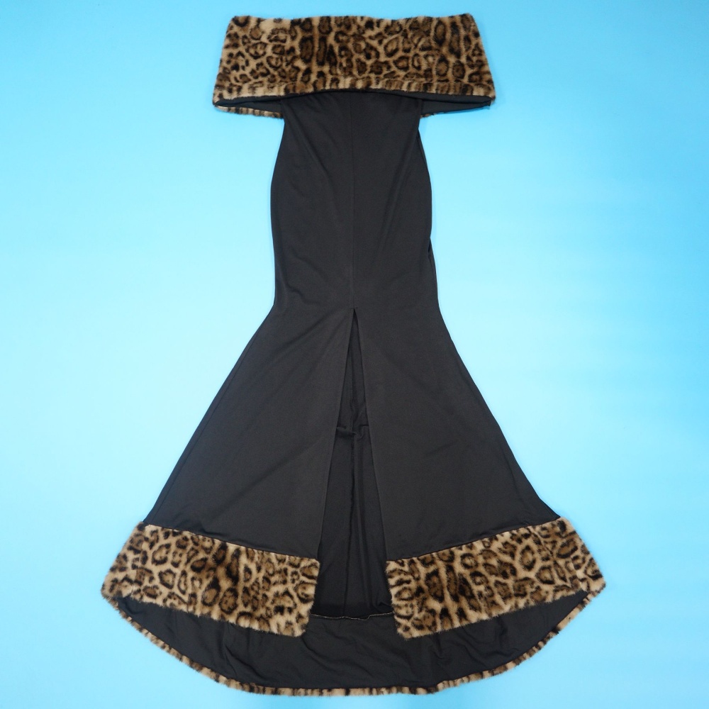 Fashion European style formal dress fur collar flat shoulder dress