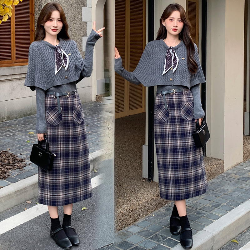 Knitted cloak bottoming shirt 3pcs set for women