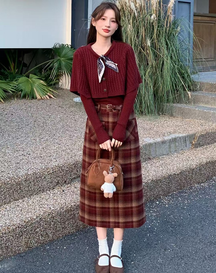 Knitted cloak bottoming shirt 3pcs set for women