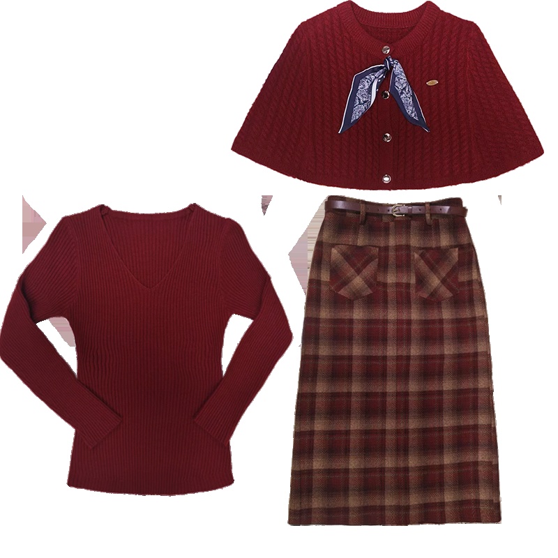 Knitted cloak bottoming shirt 3pcs set for women