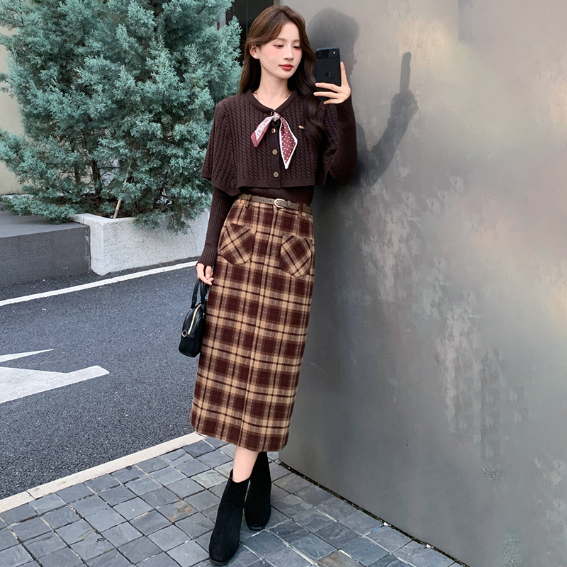 Knitted cloak bottoming shirt 3pcs set for women