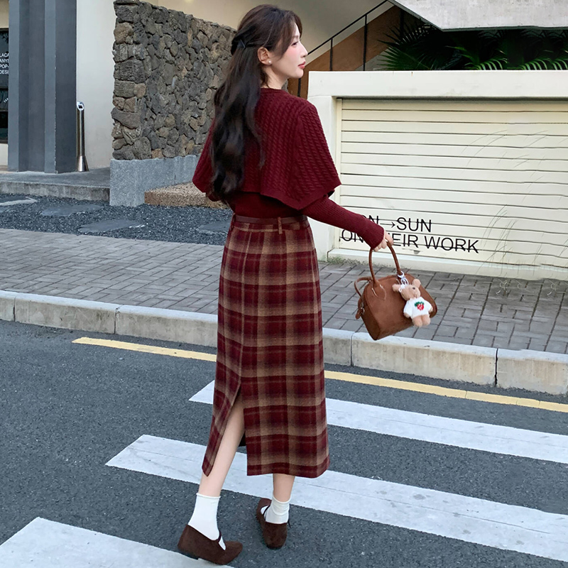 Knitted cloak bottoming shirt 3pcs set for women