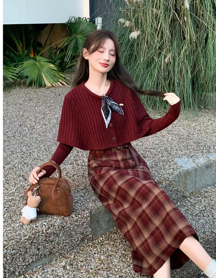Knitted cloak bottoming shirt 3pcs set for women