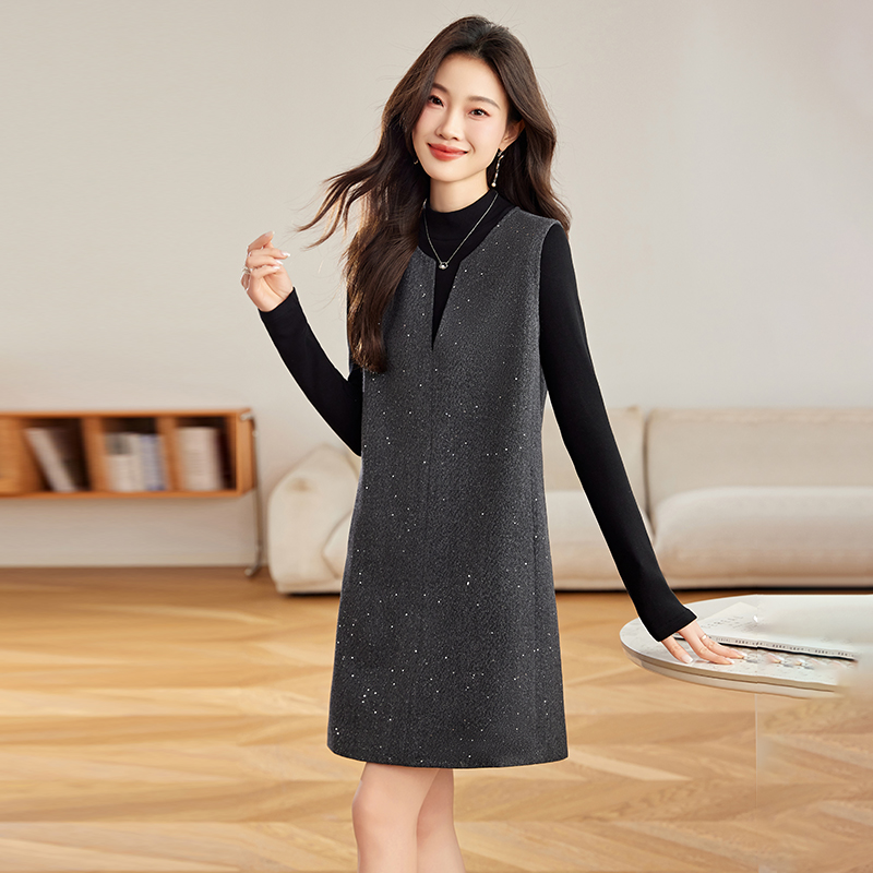 Straight Casual dress spring and autumn vest 2pcs set