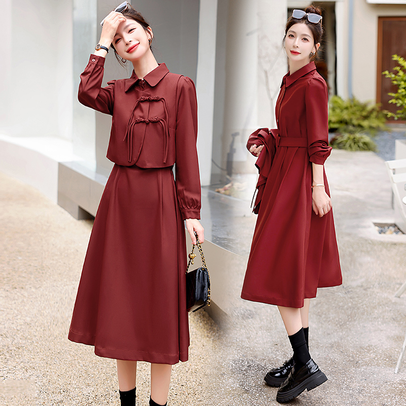 Autumn retro shirt temperament dress 2pcs set