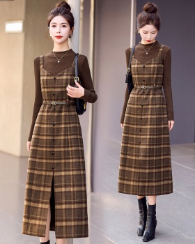 Woolen dress strap long dress 2pcs set for women