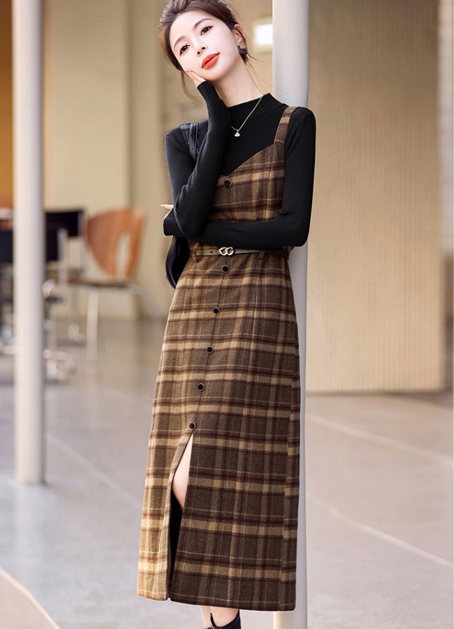 Woolen dress strap long dress 2pcs set for women