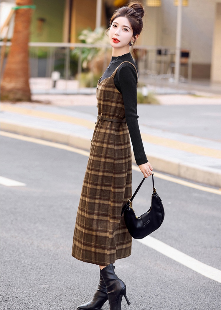 Woolen dress strap long dress 2pcs set for women