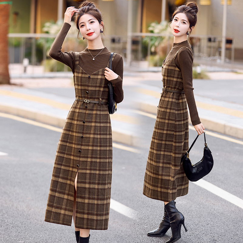 Woolen dress strap long dress 2pcs set for women