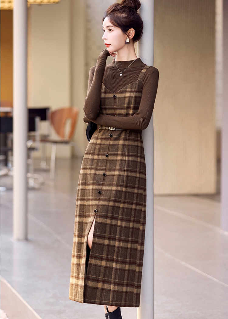 Woolen dress strap long dress 2pcs set for women
