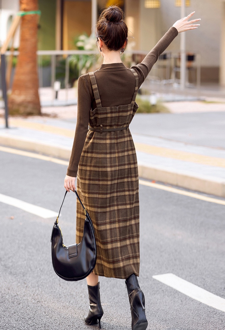 Woolen dress strap long dress 2pcs set for women