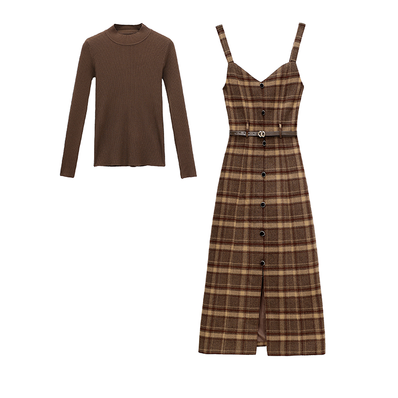 Woolen dress strap long dress 2pcs set for women
